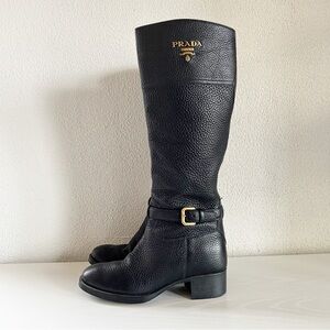 Prada Logo Black Pebbled Leather Riding Boots Size EU 37